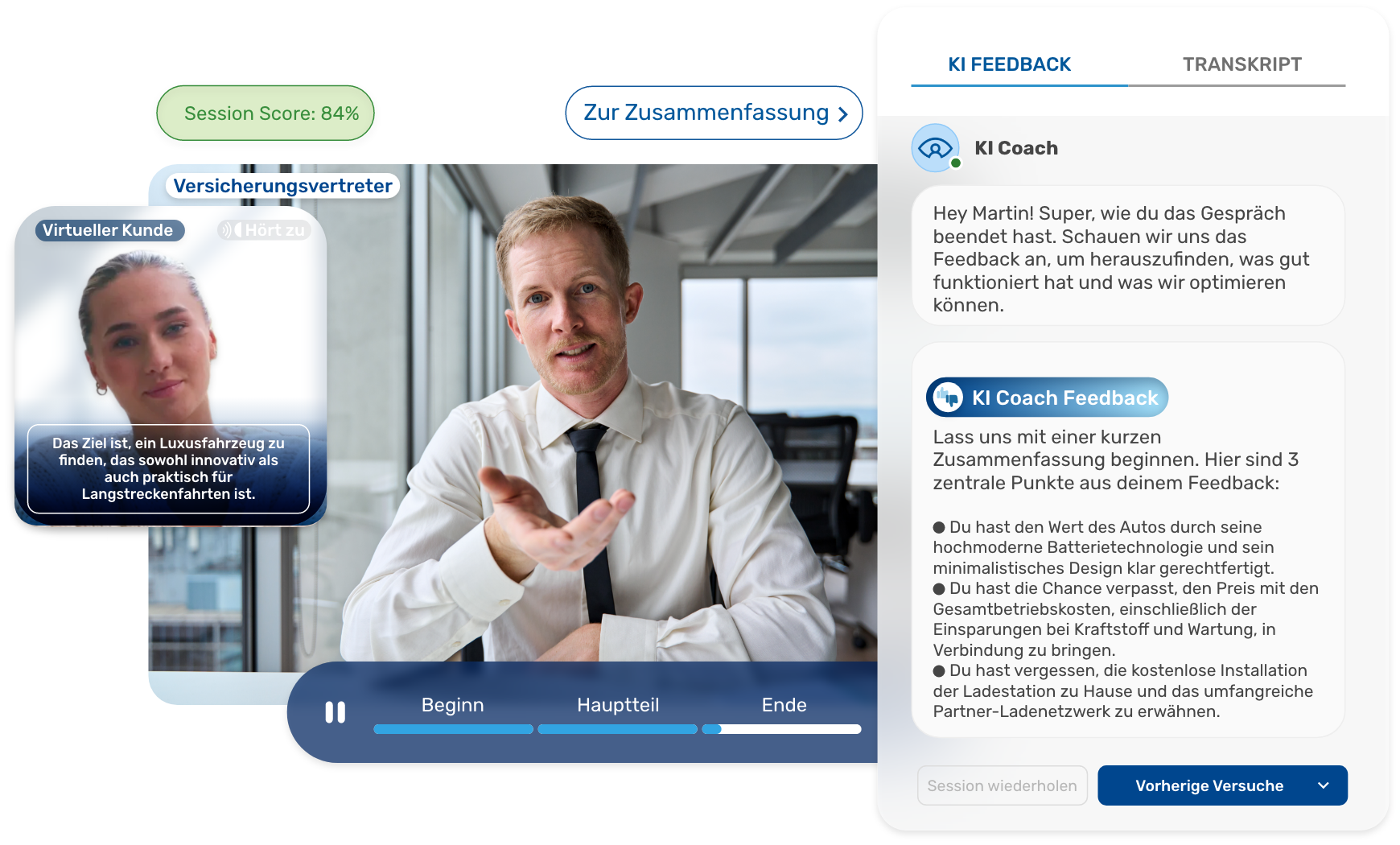 KI-Plattform mit Versicherungsvertreter im Training und KI-Feedback.