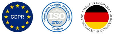 GDPR, ISO 27001, and Made in Germany compliance badges for Retorio