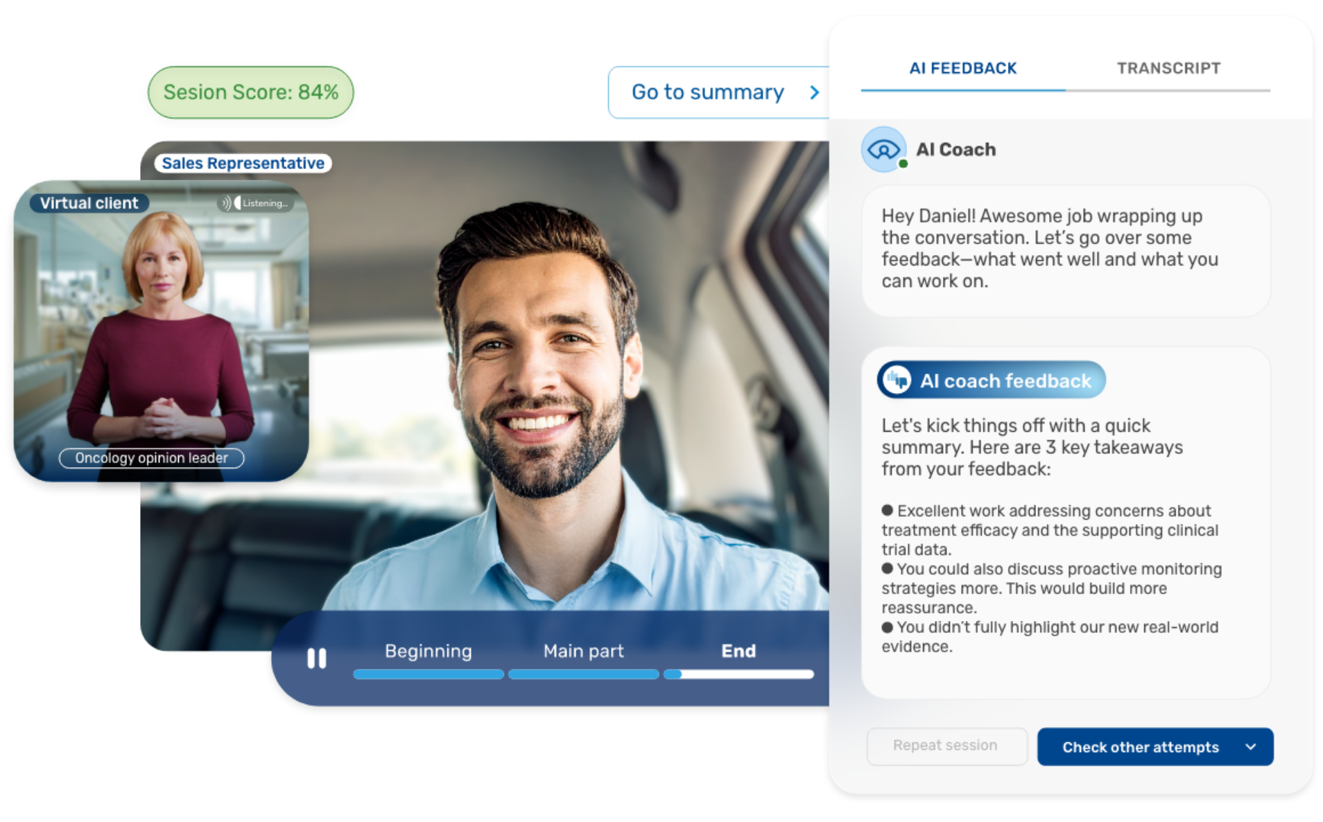 AI sales coaching session with Oncology doctor and pharma sales rep AI sales coaching session with Oncology doctor and pharma sales rep