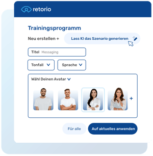 Computerinterface zur Erstellung eines KI-Coaching-Programms. Text darüber: „Trainingsprogramm“, darunter „Neu erstellen +“ und „KI das Szenario