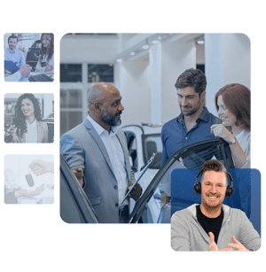 Mehrere Bilder mit Situationen beim Autokauf. Eingeklinkt das Bild einer Person mit einem Headset, darunter ein Button mit dem Text “Training starten”