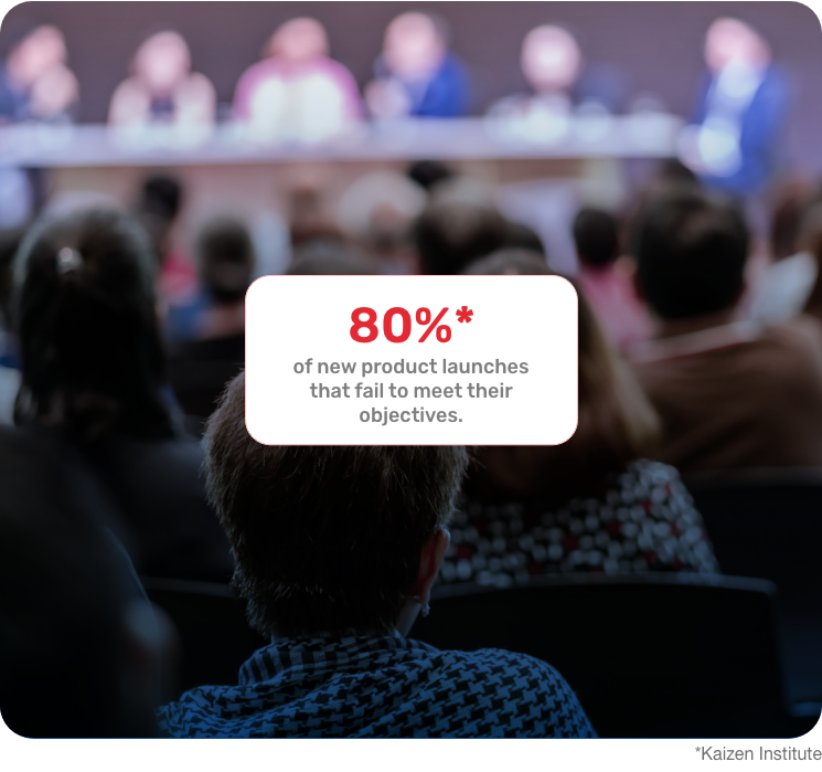 Audience at a conference, representing the 80% of new products that fail.