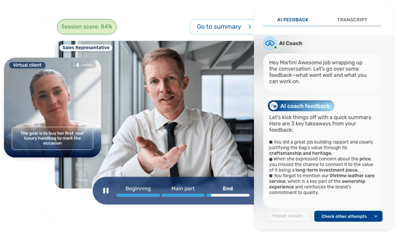Trainee sales conversation with virtual client and AI feedback on Retorio platform