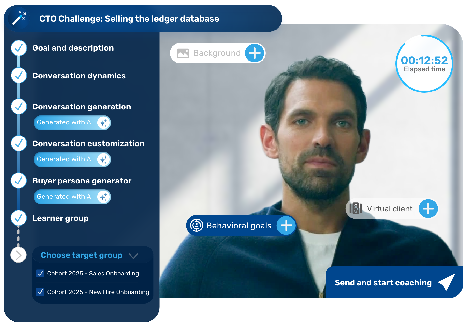 AI coaching platform showing a training scenario for selling to a CTO
