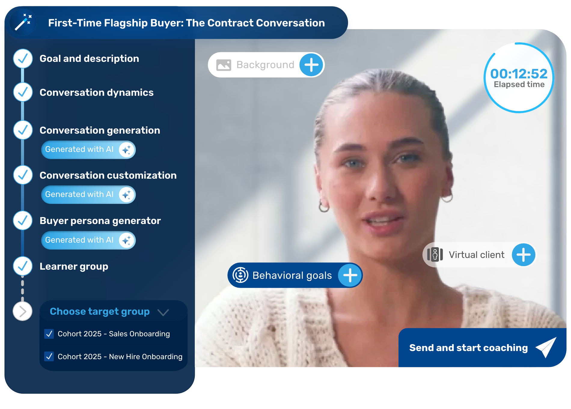 AI platform showing a sales training scenario for a new flagship buyer.