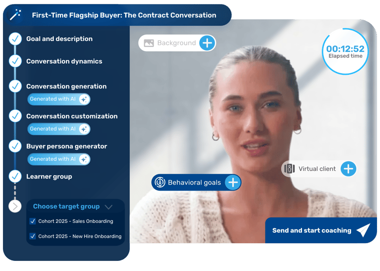 AI platform showing a sales training scenario for a new flagship buyer.