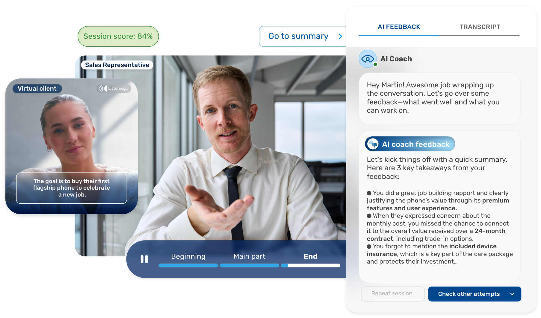 AI coaching platform with a salesperson training on a flagship phone with AI feedback.