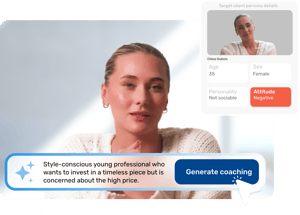 AI coaching platform showing a virtual client persona, Chloe Dubois, for a sales scenario