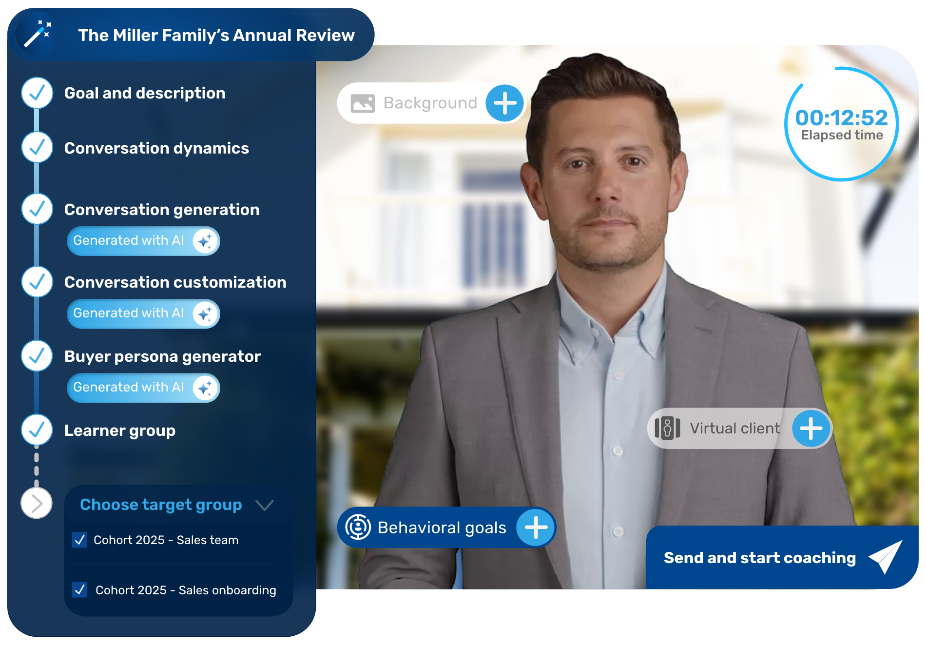 AI coaching platform interface showing a virtual client profile and various AI-generated training modules for sales teams.
