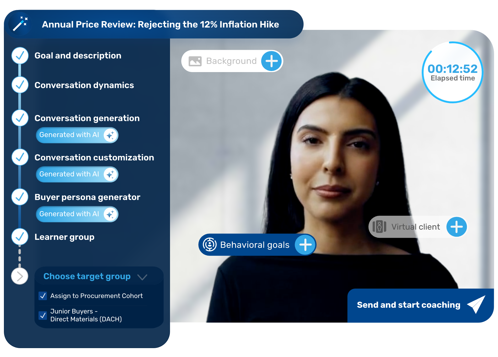 Platform dashboard for an "Annual Price Review" training module, showing a virtual client and configuration steps like conversation generation and learner group selection.