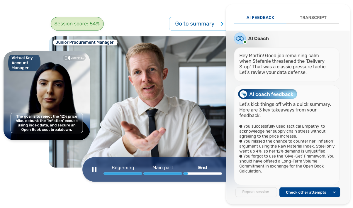 AI coaching session interface showing a "Junior Procurement Manager" receiving feedback from an "AI Coach" after a negotiation simulation with a virtual key account manager.