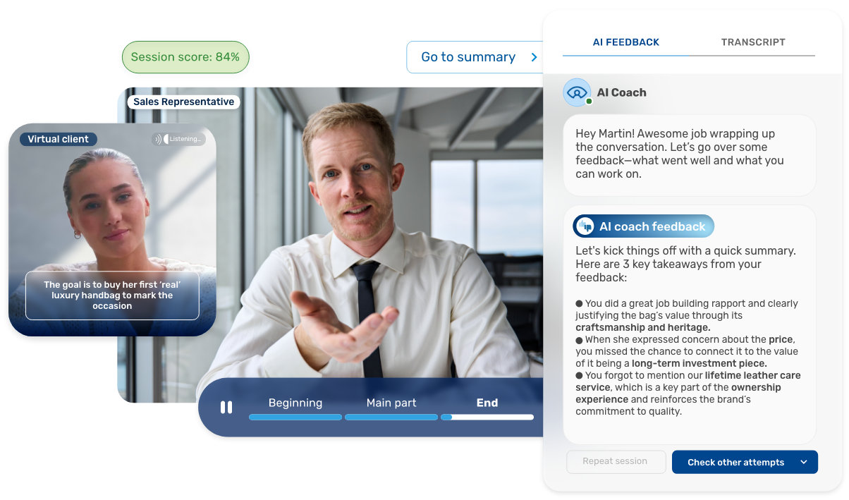 Retorio AI coaching platform showing leadership development scenario with behavioral scoring