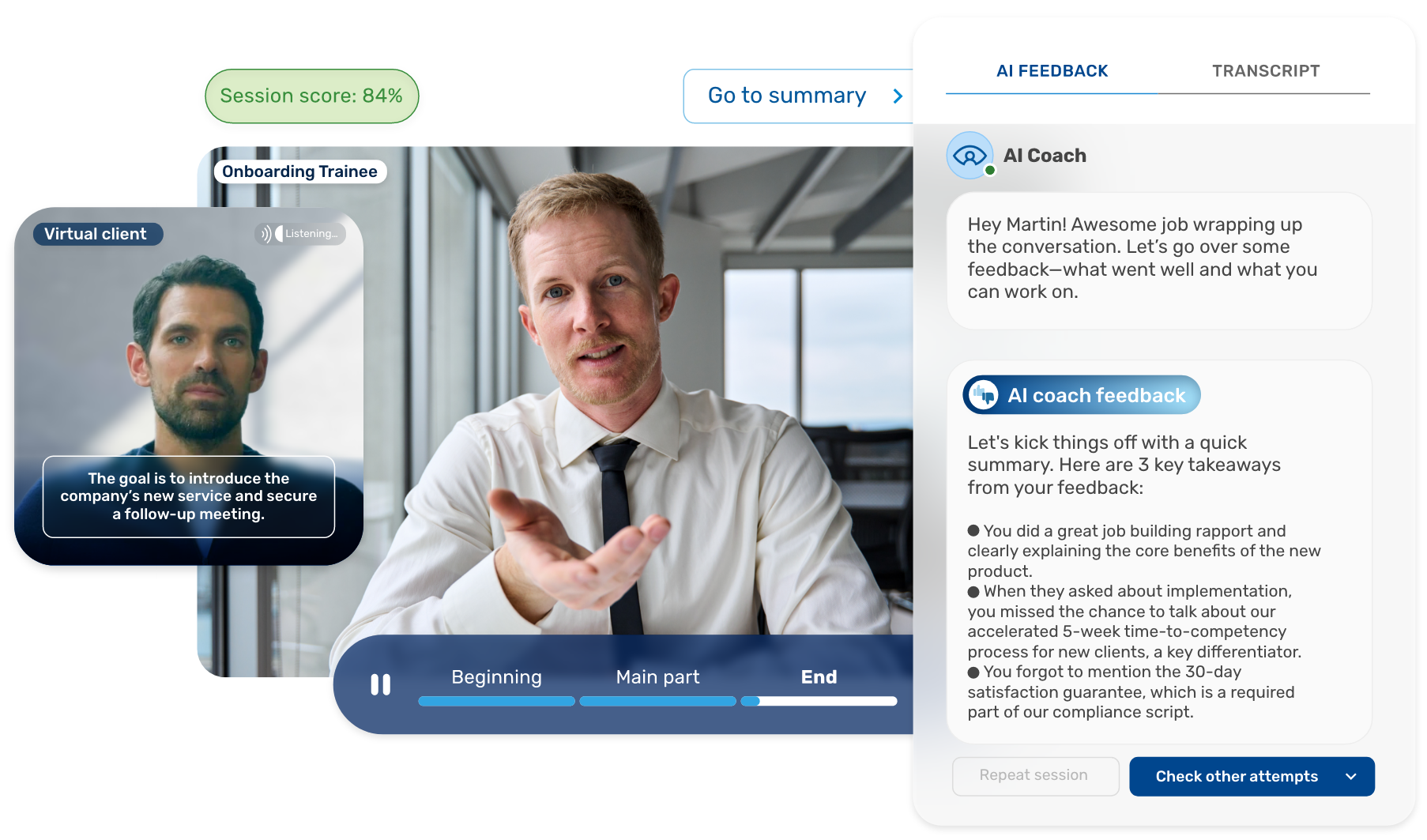 Retorio AI sales coaching platform in-session view with virtual customer and live behavioral scoring rubric